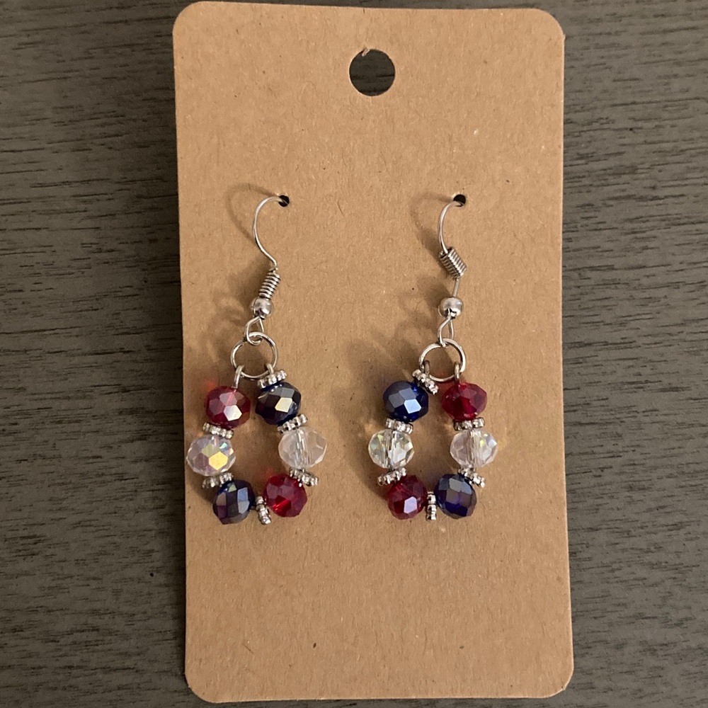 Hand Crafted Silver Earrings with Red, Blue, and Clear Beads